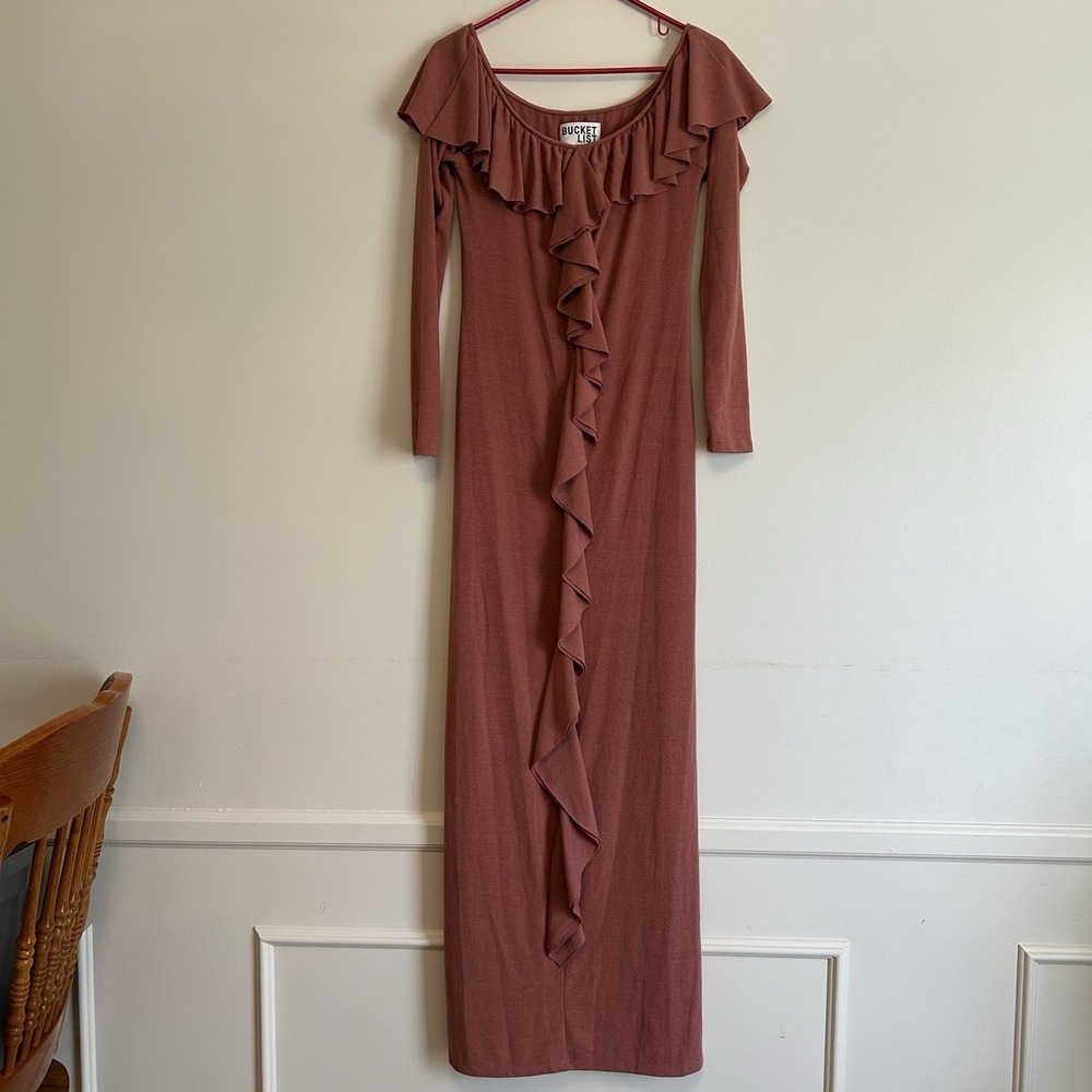 Bucketlist Large Dusty Rose Pink Long Sleeve Maxi Dress Slit Ruffle Detail Women